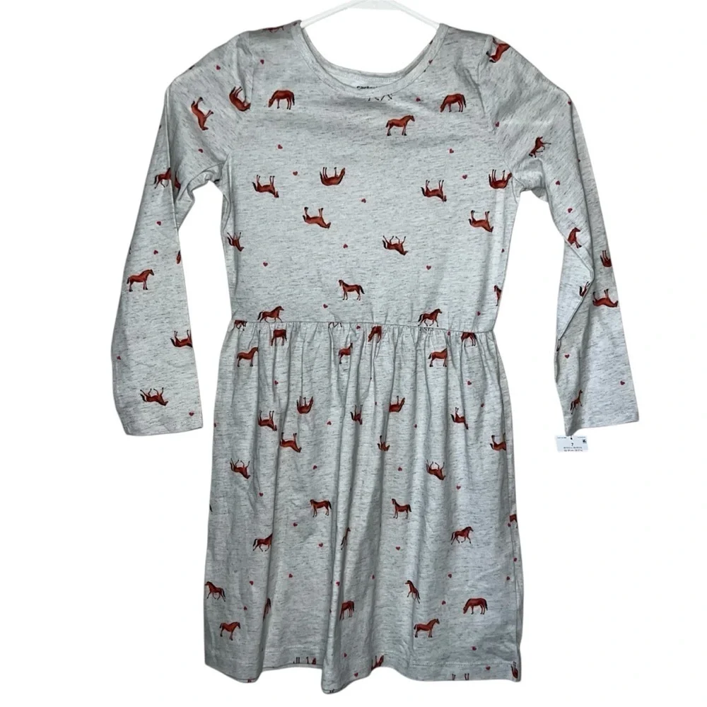 Carter’s Horse and Hearts Dress Light Gray Cotton Size 7 NWT